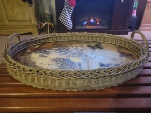 Antique large Vintage Folk Art Hand Made Wicker Tray butterflies under glass. - Picture 1 of 17