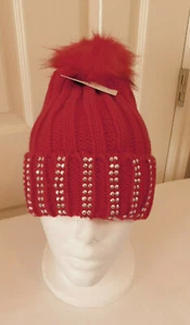 MIXIT Women’s Fur Pom Beanie Cable Knit Black, Ivory, Red One Size NWT - Picture 1 of 15