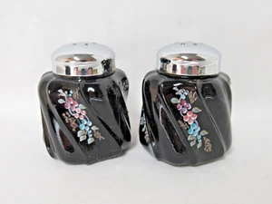 Fenton Hand Painted Victorian Bouquet Black Wave Salt & Pepper Set by S. Hopkins - Picture 1 of 10