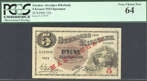 Sweden, 5 Kronor, P33fs, 1923, Specimen, Choice Unc, PCGS 64, RARE