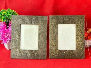 Fine Brass Work, White Metal Work Hand Carvings Wooden Table Photo Frame 2 Pcs, - Picture 1 of 12