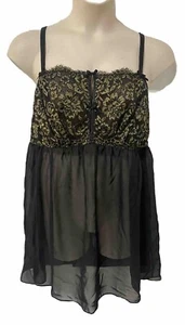 Cacique Lingerie Chemise Babydoll Sheer Black Gold Sexy Lace Size 18/20 - Picture 1 of 9