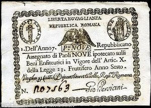 VATICAN 9 PAOLI S539 1798 UNC ASSIGNAT ROMAN REPUBLIC PAPAL ITALY EURO BANK NOTE - Picture 1 of 2