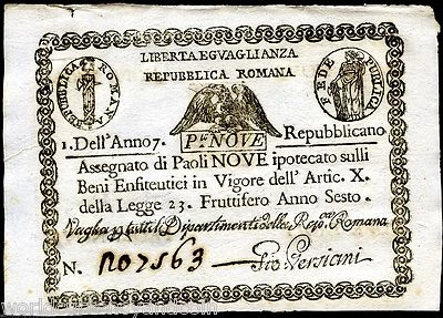 VATICAN 9 PAOLI S539 1798 UNC ASSIGNAT ROMAN REPUBLIC PAPAL ITALY EURO BANK NOTE - Image 1 of 2