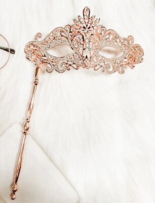 Rose Gold Masquerade Mask, Clear Crystal Masquerade Mask with Stick, Prom Mask - Image 1 of 4