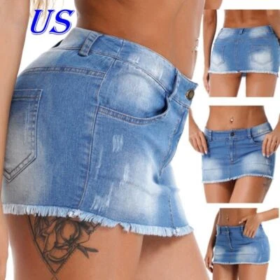 Sexy Womens Denim Mini Skirt High Waist Frayed Hem Bodycon A-line Jean Skirts - Image 1 of 4