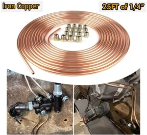 1/4" OD 25 Ft. Coil Roll Iron Plating Copper Brake Line Tubing Kit w/16 Fittings - Bild 1 von 24