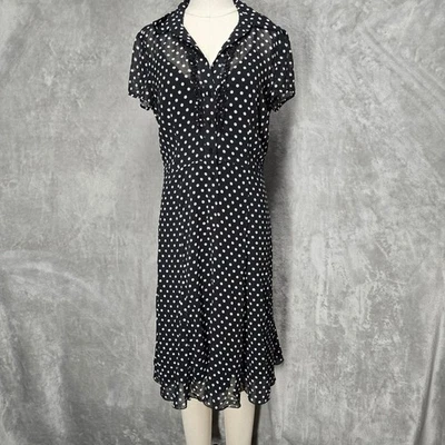 Madison Leigh Womens 6 Blk White Polka Dot Sheer Ruffle Button Front Midi Dress - Image 1 of 4