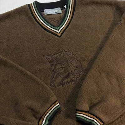 Vintage Wolf Embroidered Fleece V Neck Pullover Sweater Mens XL Brown 90s Nature - Image 1 of 4