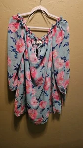 Forever 21 Plus Size 3X Womens Blouse Blue Floral Long Sleeve Tropical Scoop Nec - Picture 1 of 5