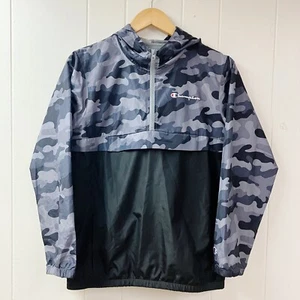 CHAMPION Boys Youth 1/4 Zip Camo Hooded Windbreaker Jacket SIZE Large Gray Black - Picture 1 of 15