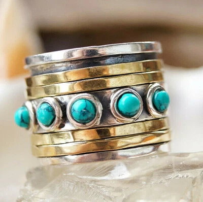 Schlicht Massiv 5er Drehring 58 Türkis Ring Schlicht Silber Spinring Messing - Bild 1 von 4