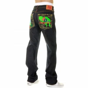 Super Exclusive Embroidered Design Vintage Cut Dark Indigo Raw Denim Jeans - Picture 1 of 4