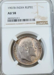 1907 INDIA SILVER 1 RUPEE EDWARD VII NGC AU 58 HIGH GRADE BEAUTIFULLY TONED - Picture 1 of 6