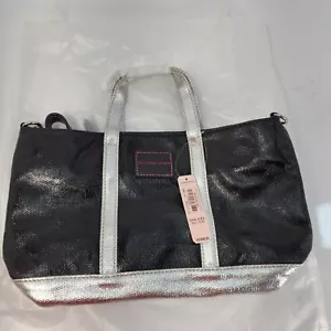 New Victoria's Secret Large Zippered Mini Tote w/ Crossbody Strap Silver & Black - Picture 1 of 7