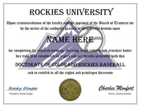 COLORADO ROCKIES PERSONALIZED FAN DIPLOMA, GREAT GIFT MLB BASEBALL Cover