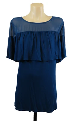 ALFANI Womens Size L 14 Green Teal Short Sleeve Ruffle Top Stretch Sheer Event - image 1 of 4