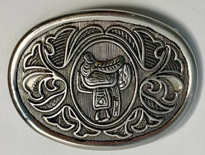Vintage AVON Oval Belt Buckle Western Design w/Horse Saddle Silver Color - Picture 1 of 2