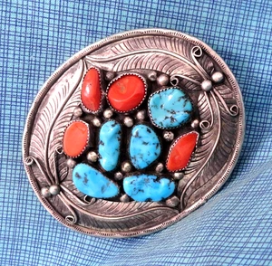 SW Native American Belt Buckle Sterling Silver Turquoise Coral L Long .Bowman#03 - Picture 1 of 16