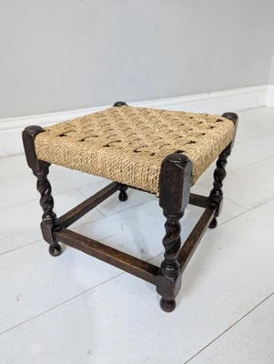 Vintage Foot Stool Seat Wooden Rope Rattan Seat Barley Twist Legs Dark Wood - Image 1 of 4