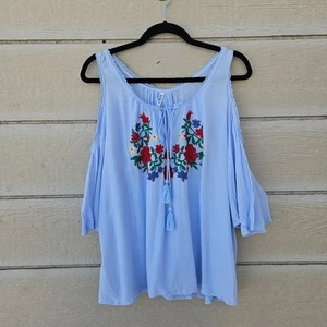 Live 4 Truth light blue cold shoulder embroidered top SEE MEASUREMENTS - Picture 1 of 7