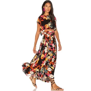 Free People Sundown Estampado Conjunto de Dos Piezas Vestido Negro Floral Falda Top Mediano - Imagen 1 de 13