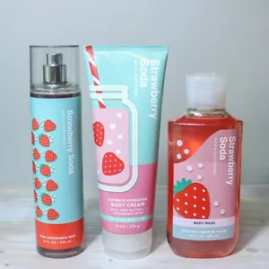 3 Pc Set Bath & Body Works STRAWBERY SODA Mist + Body Cream + Body Wash - Picture 1 of 2