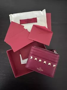 Valentino Garavani Rockstud Card Holder Case Zipper Coin MaroonLeather Authentic - Picture 1 of 22