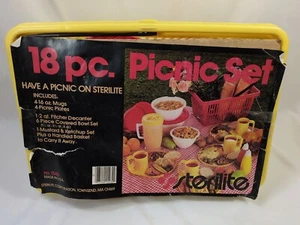 VTG NOS STERILITE 18 pc Picnic Set Plates Mugs Decanter Bowls Condiments Basket - Picture 1 of 10