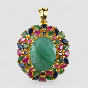 Colombia Emerald Pendant 925 Silver 24K Yellow Gold Finish Handmade Fine Jewelry - Picture 1 of 9