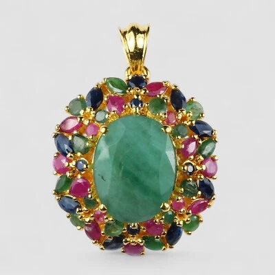 Colombia Emerald Pendant 925 Silver 24K Yellow Gold Finish Handmade Fine Jewelry - Image 1 of 4