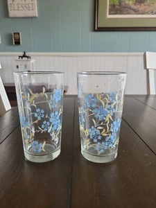Vintage Cornflower Floral Drinking Glasses Blue Set Of 2 Glass Tumblers Antique - Picture 1 of 2
