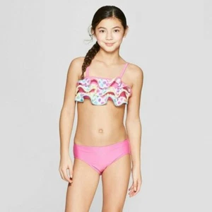 IF) Traje de baño de 2 piezas para niñas Cat & Jack con volantes de puntos rosados, grande 10/12, nuevo con etiquetas - Imagen 1 de 4