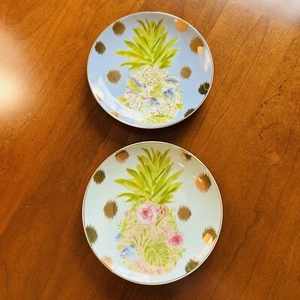 Pier 1 Porzellan Ananas Vorspeise Teller Gold Tupfen & Rand 6" 2er Set - Bild 1 von 8