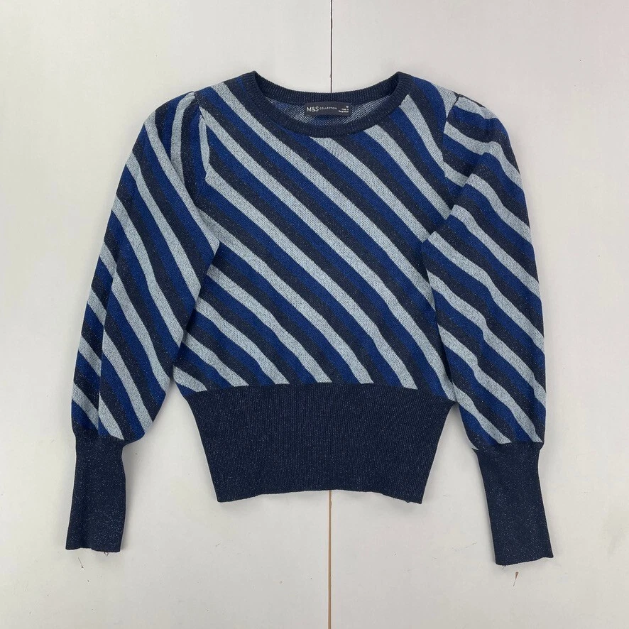 M&S Collection Jumper 10 Azul Cuello Redondo Mujer Tejido Manga Larga Rayas B... - Imagen 1 de 4
