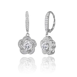 Sterling Silver Cubic Zirconia Flower Swirl Dangle Leverback Earrings - Picture 1 of 4