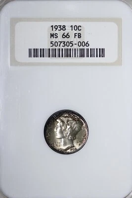 GEM BU 1938 Mercury Dime NGC MS66 FB Full Split Bands! Old Fat Holder SCNW - Image 1 of 4