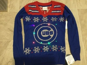 Nwt Chicago Cubs Baseball Logo LED Light Up Blue Ugly Christmas Sweater Women S - Picture 1 of 3