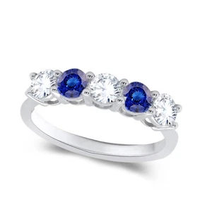 Real Lab Grown Diamond & Simulated Sapphire 5 Stone Wedding Band 14K Gold 1.65Ct - Picture 1 of 13