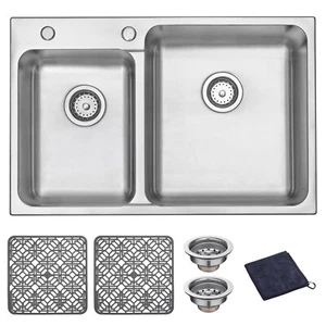 DIRECTUNIT Topmount Kitchen Sink 18 Gauge Stainless Steel Double Bowl 31.5" - Picture 1 of 18