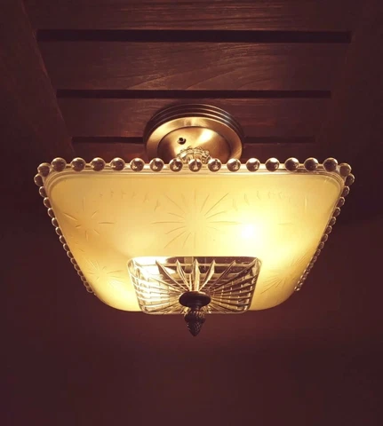 Antique 1930s-40s Art Deco Nouveau Victorian Glass Ceiling Light Fixture Yellow Cover