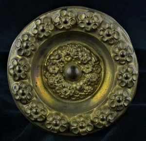 ANTIQUE PRESSED BRASS DRAPERY CURTAIN TIE BACKS-SET OF 5-19C. 3 3/8" TIE BACKS - Picture 1 of 1