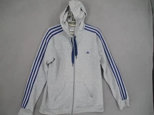 Adidas Jacket Womens Medium Grey Blue Hooded Pockets 3 Stripes Full Zip - Picture 1 of 23