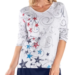 Women's Patriotic Stars 3/4 Sleeve Top 4th of July USA Stars Stripes - Picture 1 of 4