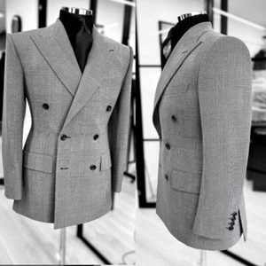Men Gray Check Suit Double Breasted Jacket Peak Lapel Party Business Minimalist - Picture 1 of 11