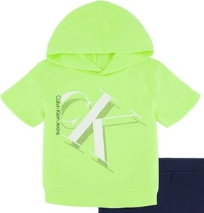 Calvin Klein Short Sleeve Logo Hooded Top Little Boys' 5 Neon Green Pullover - Picture 1 of 16