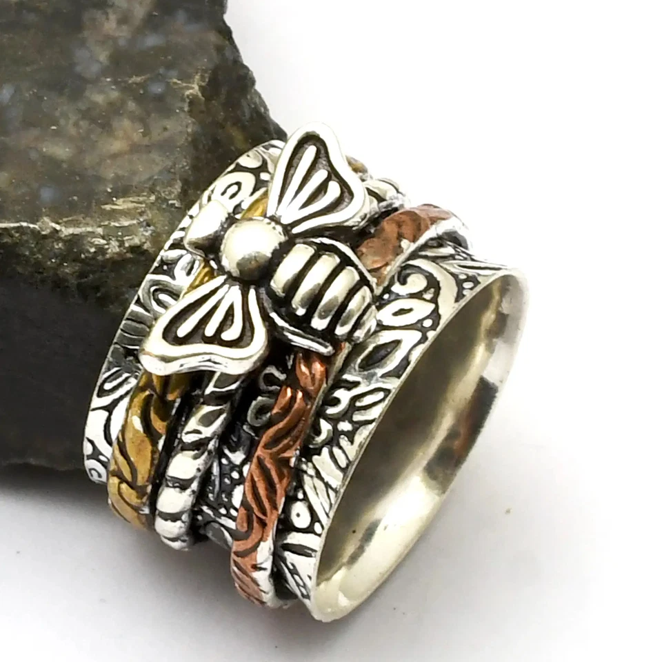 Anillo étnico hecho a mano giratorio de tres tonos joyería para boda talla EE. UU. 7,5 AR 34468 Foto 1 de 1