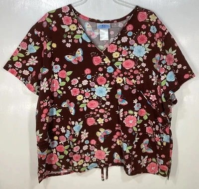 Scrub Top womens plus size 3X Sketch Flowers Butterflies brown coral pink green - Image 1 of 4