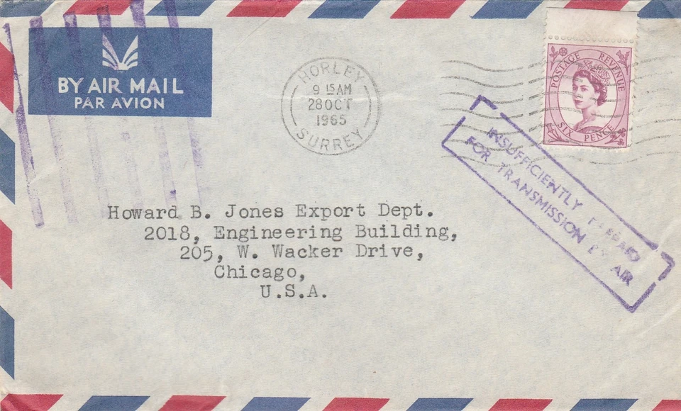 GB to US HORLEY Queen Elizabeth 6d Wilding NOT BY AIR 1965 - Image 1 of 1