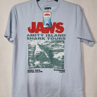 Jaws Amity Island Shark tours men blue shirt medium - Image 1 of 4